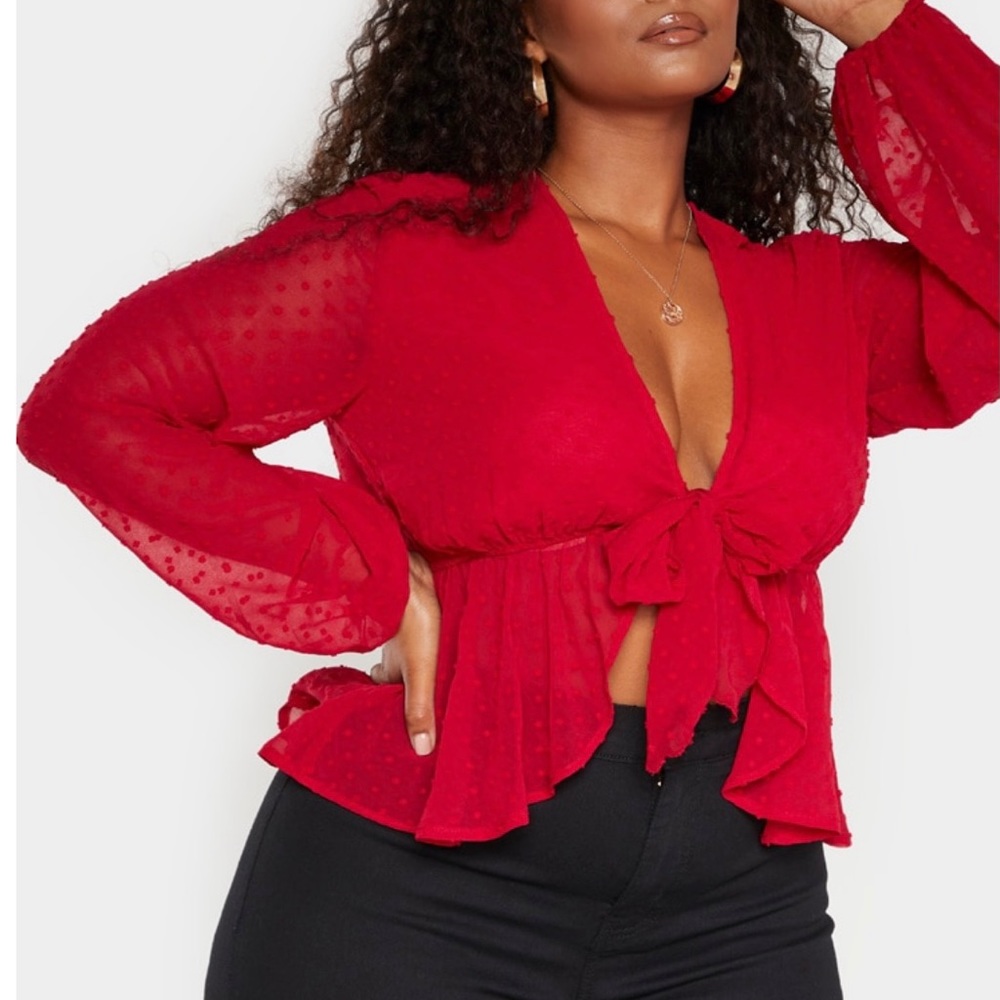 Red Mesh Front Tie Blouse